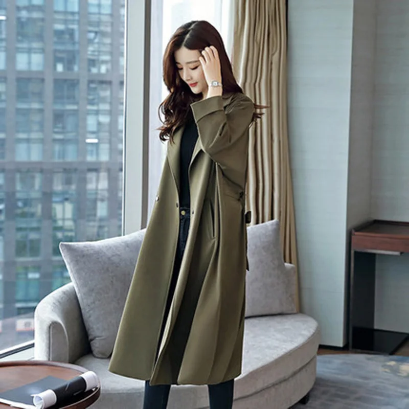 Женский Длинный тренчкот с отложным воротником однобортная ветровка модель F562