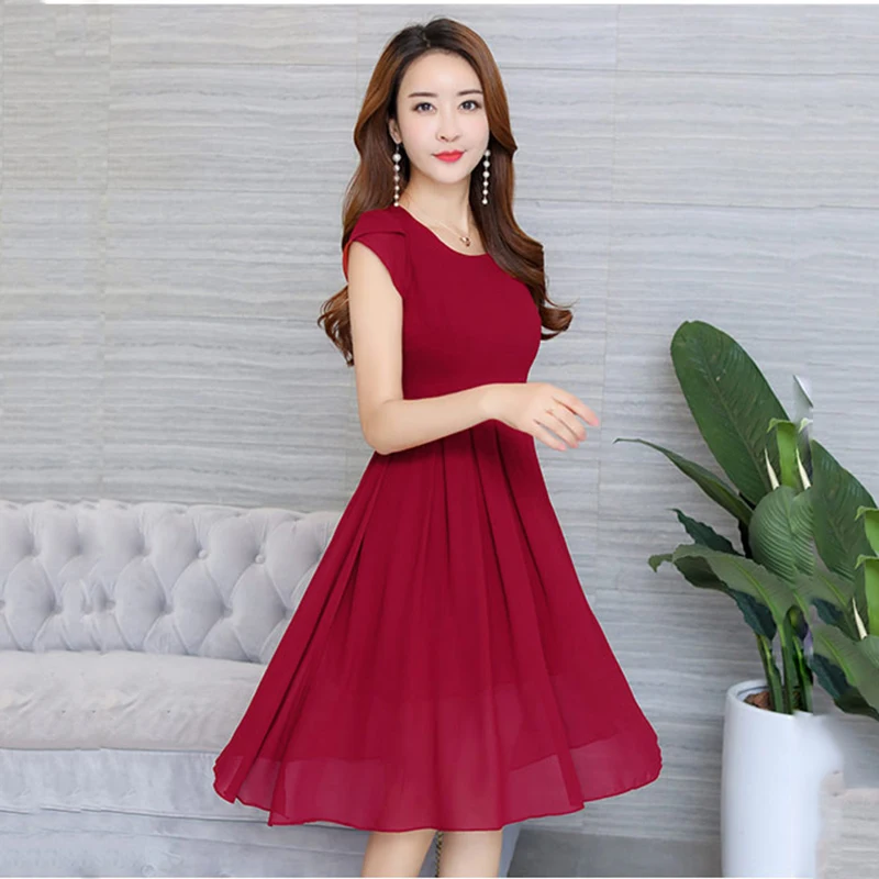 Женское шифоновое платье весна лето 2018 круглый вырез короткий рукав весеннее