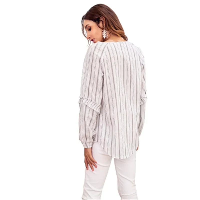 Женская рубашка в полоску с v образным вырезом свободная сексуальная на шнуровке