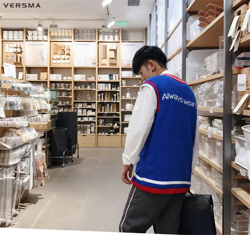 VERSMA корейский Harajuku Instagram BF письмо мужские трикотажные жилеты V образным вырезом негабаритных без рукавов свитер мужской жилет пуловер