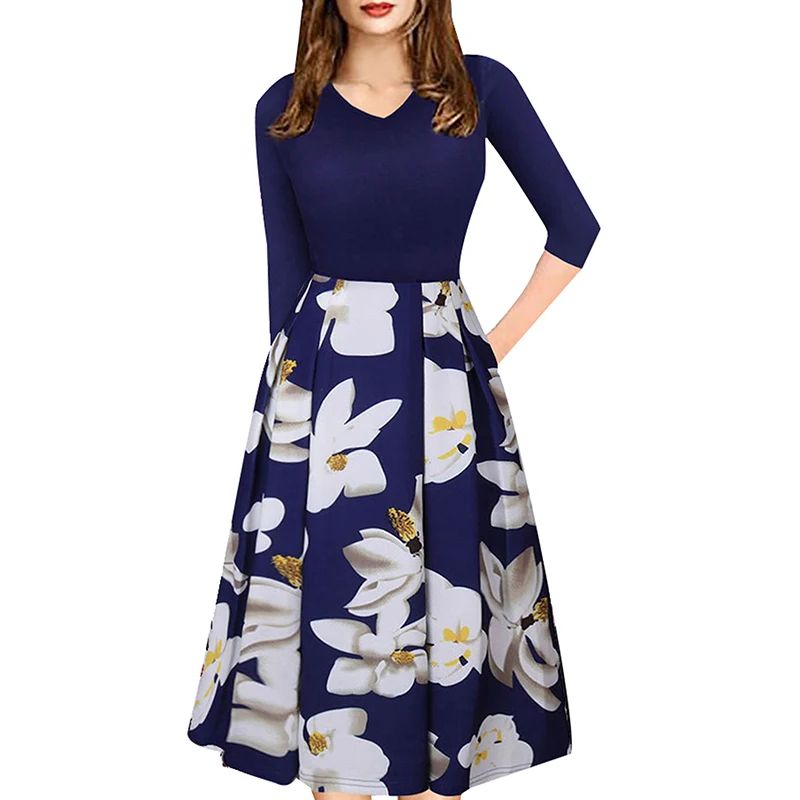 Новинка женское платье с v образным вырезом и рукавом 3/4 винтажное лоскутное