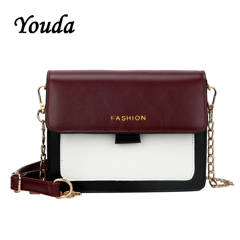 Youda контраст из искусственной кожи Модные женские сумка на плечо с цепью ремень ретро курьерские сумки