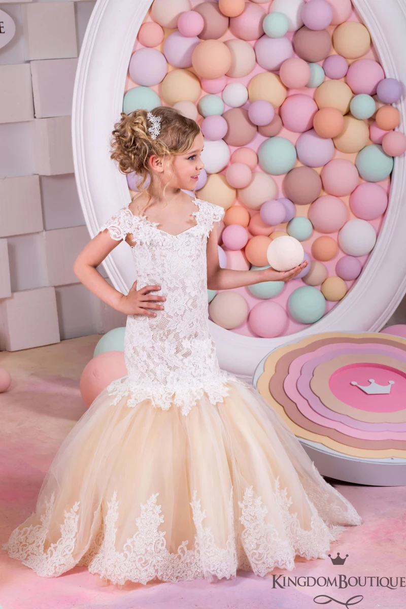 Русалка Кружева Арабский Цветок Девочки Платья для Свадеб Шампанское Тюль