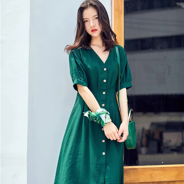 Женское платье элегантное миди летнее зеленое корейский|Женские платья| |