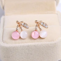 pink white opal cherry fruit crystal leaf golden plant stud earrings for women piercing jewelry