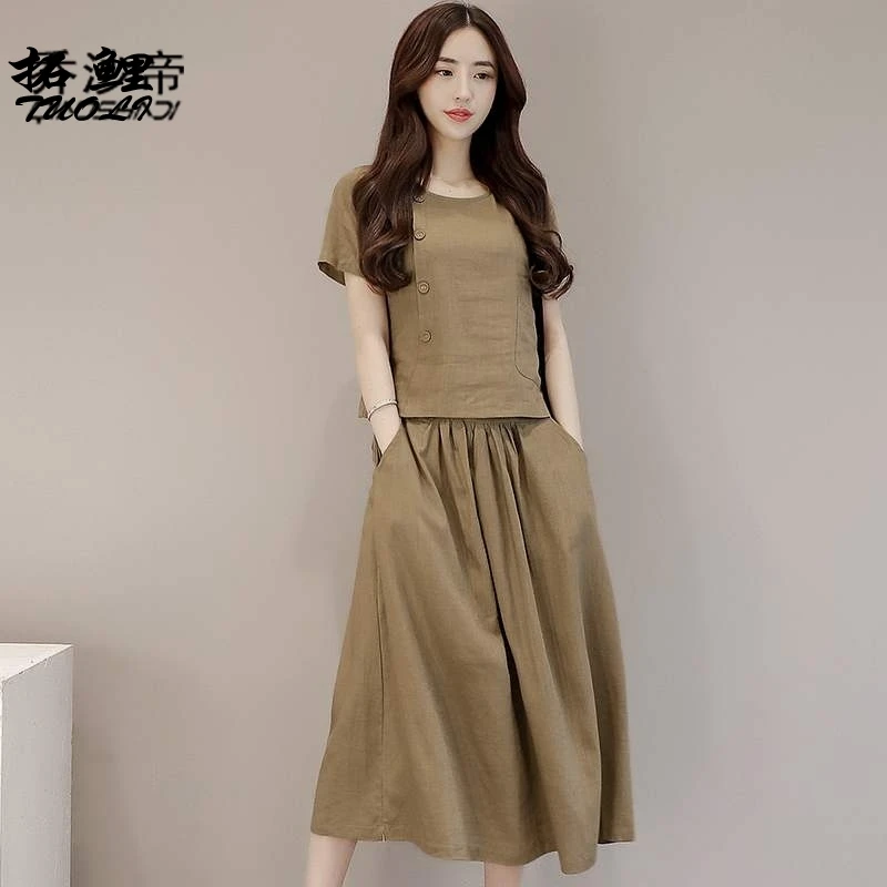 2019 Летний Новый женский хлопковый и льняной костюм юбка с коротким рукавом