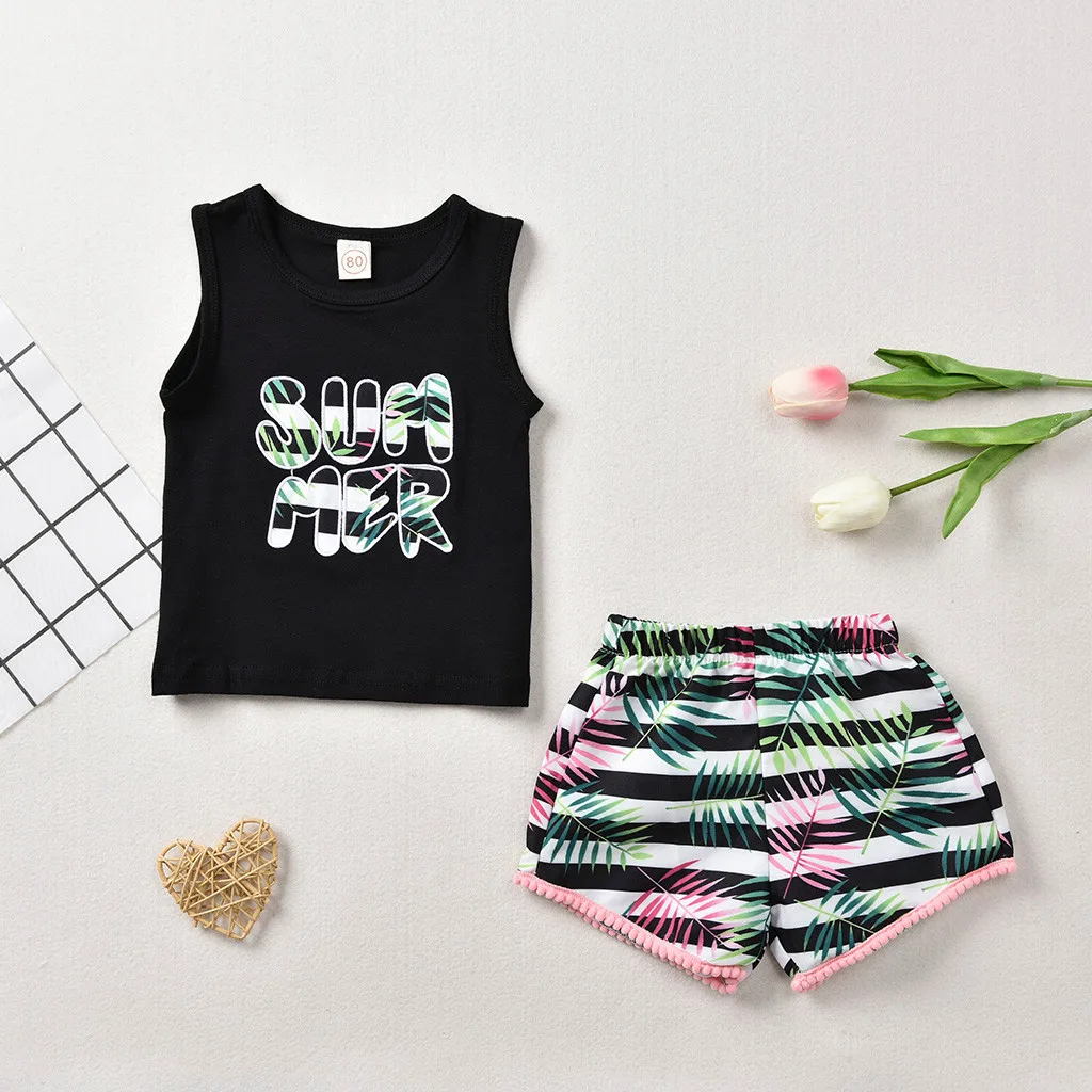 Toddler Baby Girl Kid Floral O-Neck Sleeveless Letter Printed Vest Tops+Striped Flora Print Shorts Outfits Set meisje kleding | Детская
