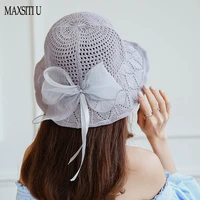 maxsiti u hand cap female summer bow openwork knit bucket hat folding outdoor travel shade fisherman hat