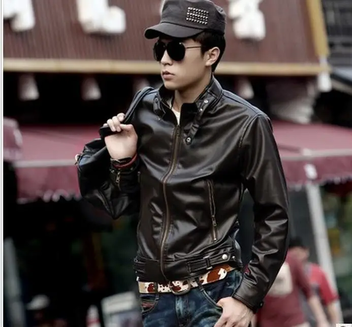 New Men's Spring And Autumn Clothing Slim Oblique Zipper Motorcycle pu Leather Outerwear Male Short Design Jacket #562950 | Мужская
