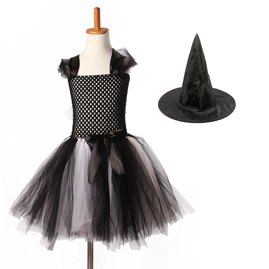 Girls Halloween Tutu Dress with Witch Hat Princess Tulle Kids Carnival Party Costume Knee-Length Handmade Children Clothing | Детская