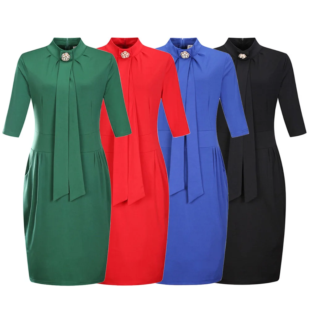 Wisalo, женское, плюс размер, 6XL, элегантное, одноцветное, облегающее, для работы, платье с рукавом 3/4, водолазка, длина до колена, с карманом, для офиса, женское платье, Vestidos