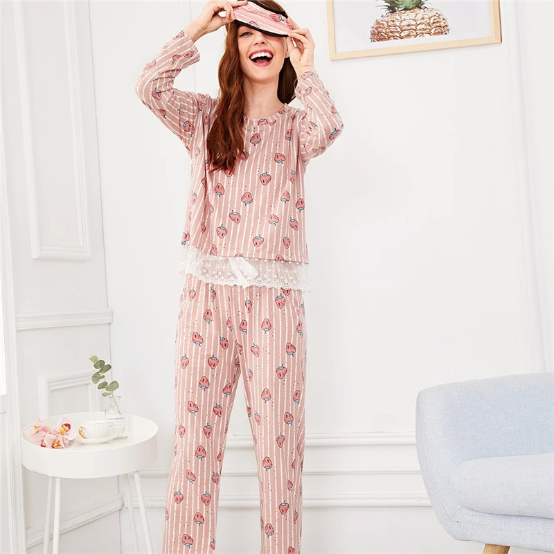 Dotfashion розовый пижамный комплект с принтом клубники и кружевной отделкой с маской для глаз, пижамы для женщин, осенняя одежда для сна, Ночная одежда с длинным рукавом