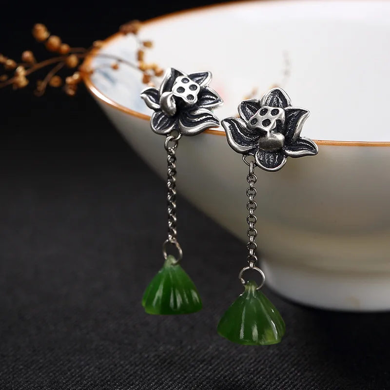 

2018 Time-limited Real Jasper Brinco One Deer S925 Pure Antique Matte Mosaic And Tian Yu Jade Lotus Lady Earrings Wholesale