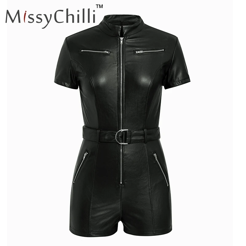 MissyChilli эластичный Летний комбинезон из искусственной кожи на молнии Женский черный сексуальный комбинезон женский Клубные вечерние комбинезоны для коротких комбинезонов