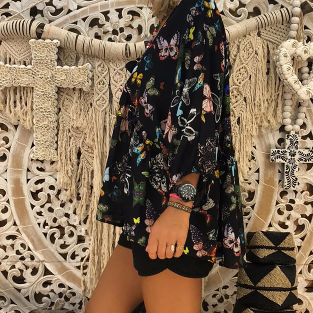 2018 Осенняя женская блуза с принтом бабочки больших размеров сексуальная v