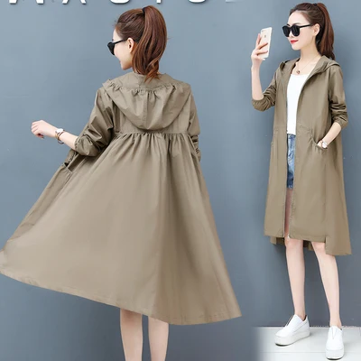 Khaki Корейский модный Тренч с капюшоном Женский весна осень длинный рукав размера плюс длинное пальто Черная ветровка Женское пальто - Цвет: Khaki