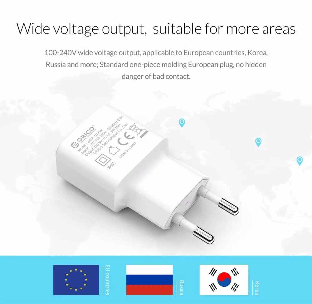 ORICO дорожное USB зарядное устройство 5V2A 5V1A ЕС вилка мини зарядное устройство адаптер Смарт зарядное устройство для мобильного телефона планшета WHA-1U