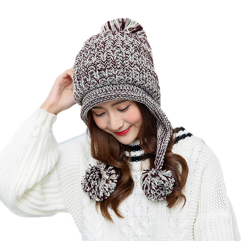 Шапка зимняя женская русская с защитой ушей и двумя помпонами joejerry Bomber Hat Trapper Ushanka Double Pom Kintted Snow Beanie.