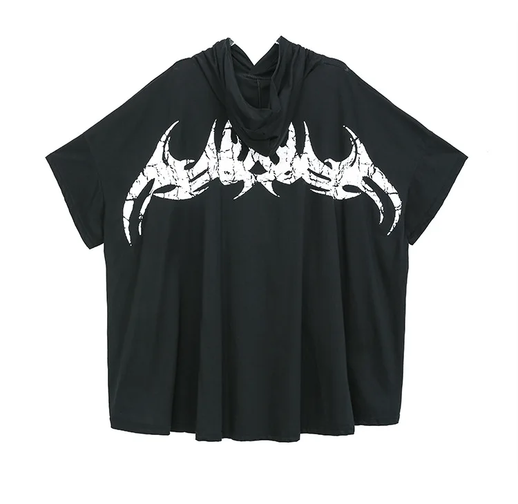 

Summer shirt female 2019 summer new print hooded pullover T-shirt personality large size irregular shirt 190139