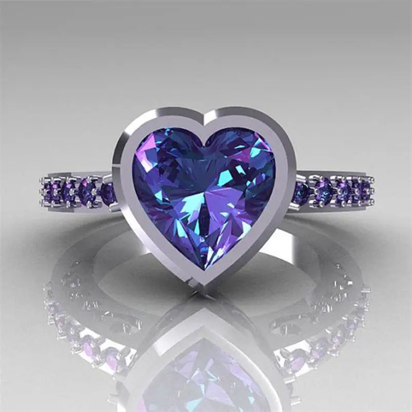 WYJZY New heart-shaped purple crystal micro-inlaid zircon ring ladies classic jewelry fashion creative casual wear | Украшения и