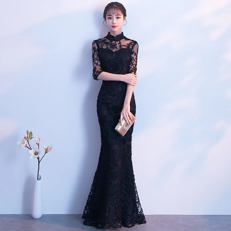 

Сексуальное черное кружевное вечернее платье, женское длинное облегающее китайское традиционное платье Ципао для свадебной вечеринки