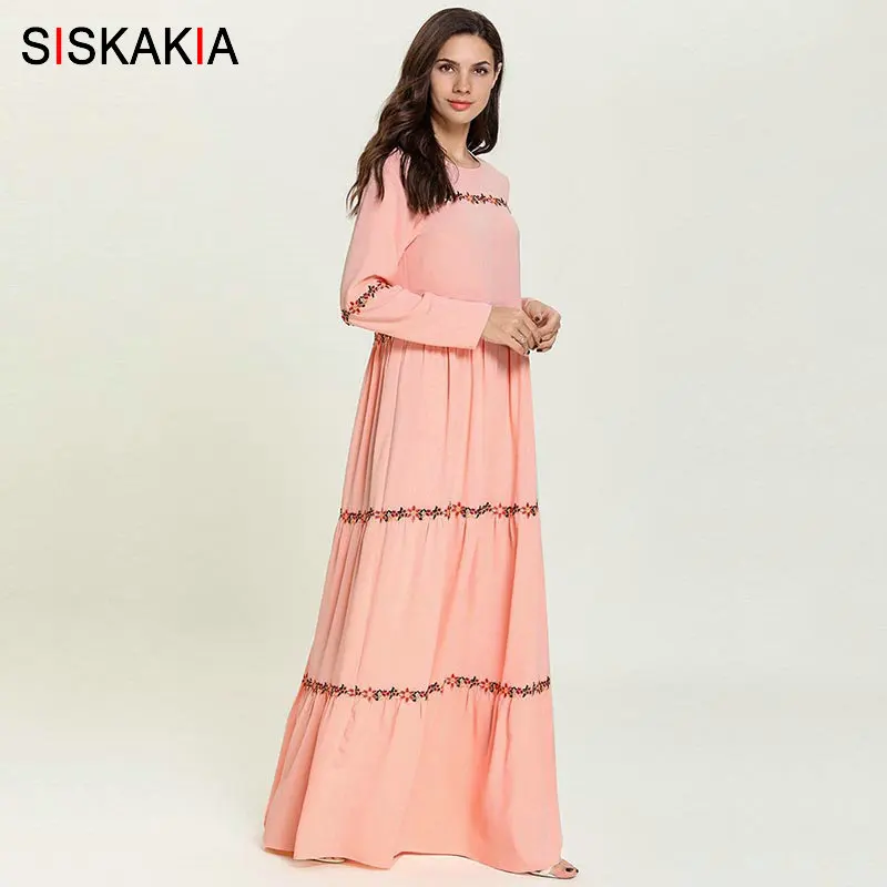 Siskakia, женское длинное платье размера плюс, розовое, Цветочная вышивка, Драпированное, Свинг, пэтчворк, длинный рукав, платья, осень, милая леди, новинка
