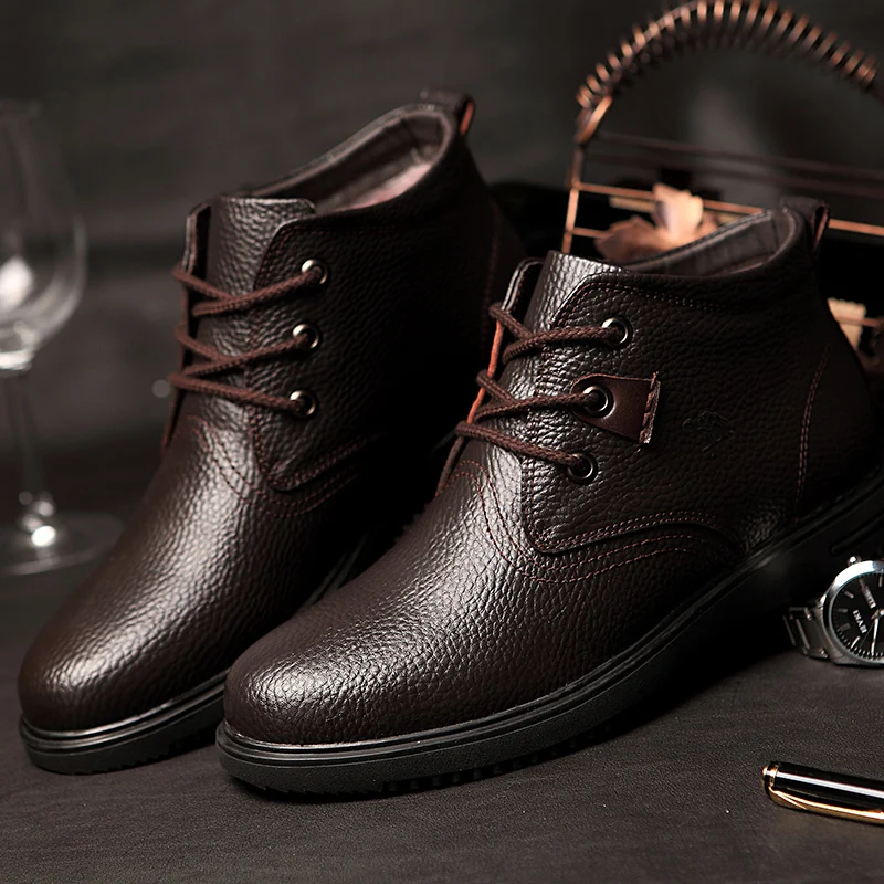 Warm Men Boots Winter Shoes 2016 Waterproof Real Leather Fur Ankle for Man Black/Brown Zapatillas botas hombre | Обувь