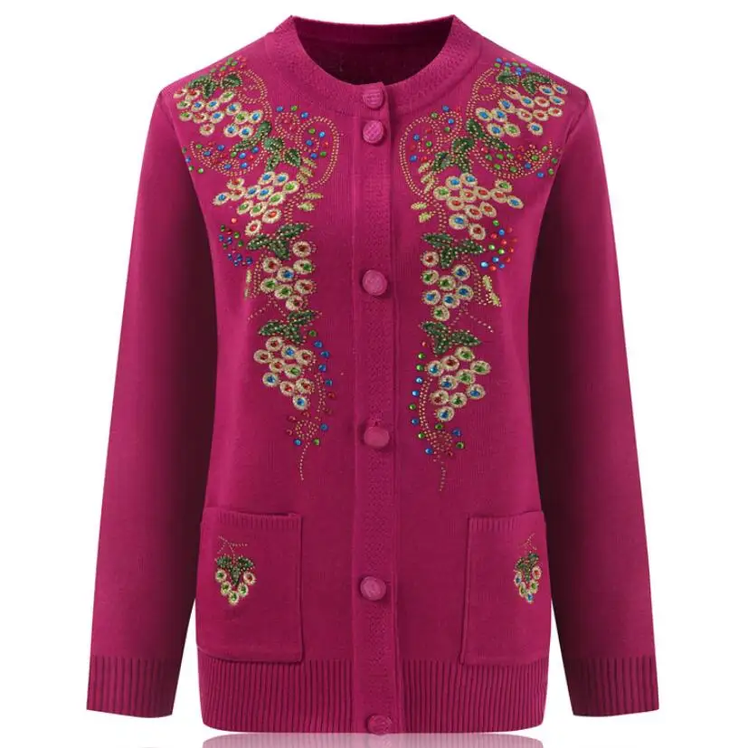 Middle and Old Age Women's Spring Autumn printed Sweater Cardigan 60-70 Year Grandmother Knitted Jacket Cashmere Pockets |