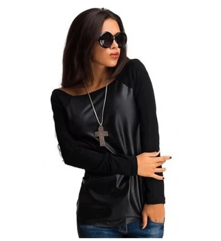 New Women Casual Basic Autumn Winter PU T-shirt Top Shirt Tee patchwork blusas Full Sleeve Plus Size | Женская одежда