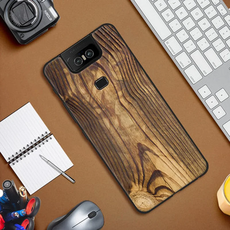 Чехол для Asus Zenfone 6 ZS630KL мягкий силиконовый чехол-накладка из ТПУ с деревянным