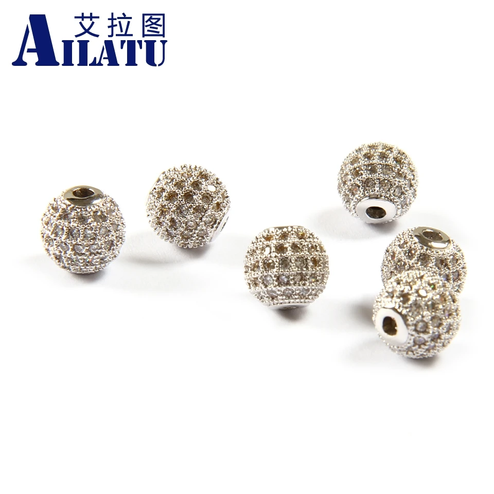 

Ailatu Wholesale 10pcs/lot 8mm Copper Ball with 5 lined Micro Paved Clear Cz Decorated for DIY Fashion Bracelets
