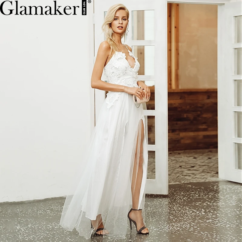 Женский прозрачный сетчатый сарафан Glamaker облегающий кружевной Сарафан Макси с v