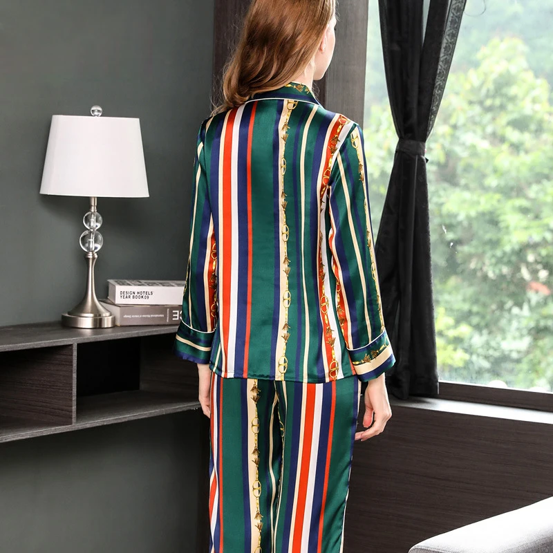 Женская шелковая пижама в полоску Элегантная из 100% натурального шелка с длинным