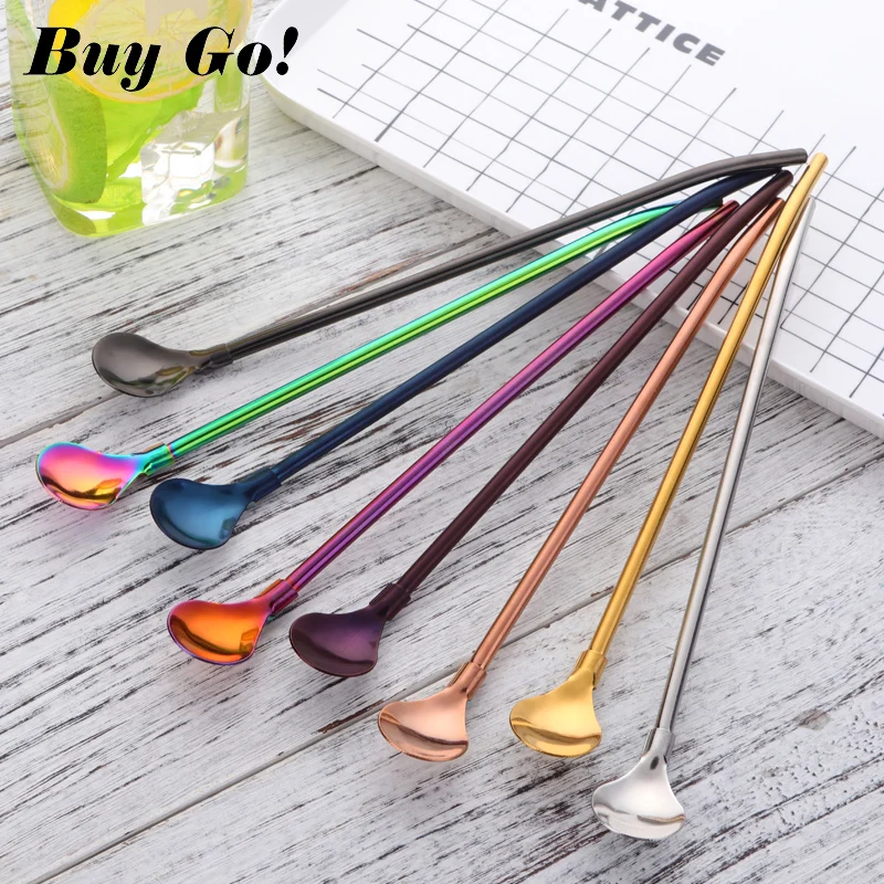 

2PCS Long Polished Straw Spoon Portable Gold Tea Scoop Reusable Colored Stainless Steel Straws Cocktail Coffee Stirring Spoon