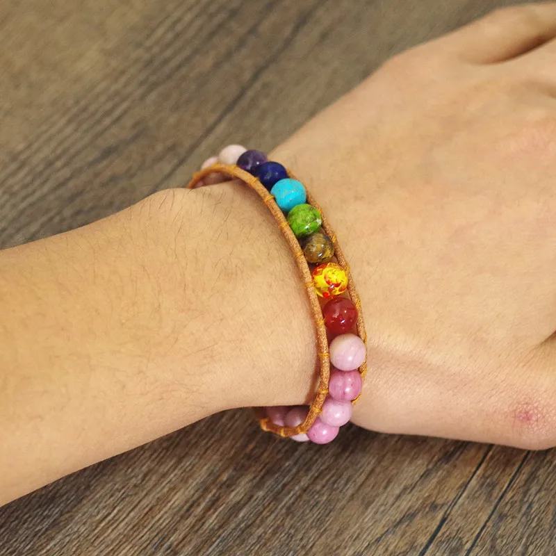 Браслет с 7 чакрами и кожаной обмоткой браслеты каменными бусинами в стиле бохо