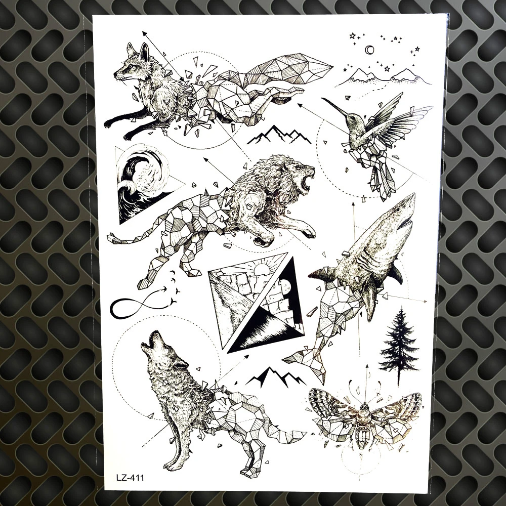 Геометрический Алмазный дизайн Акула лиса колибри моль Временные татуировки