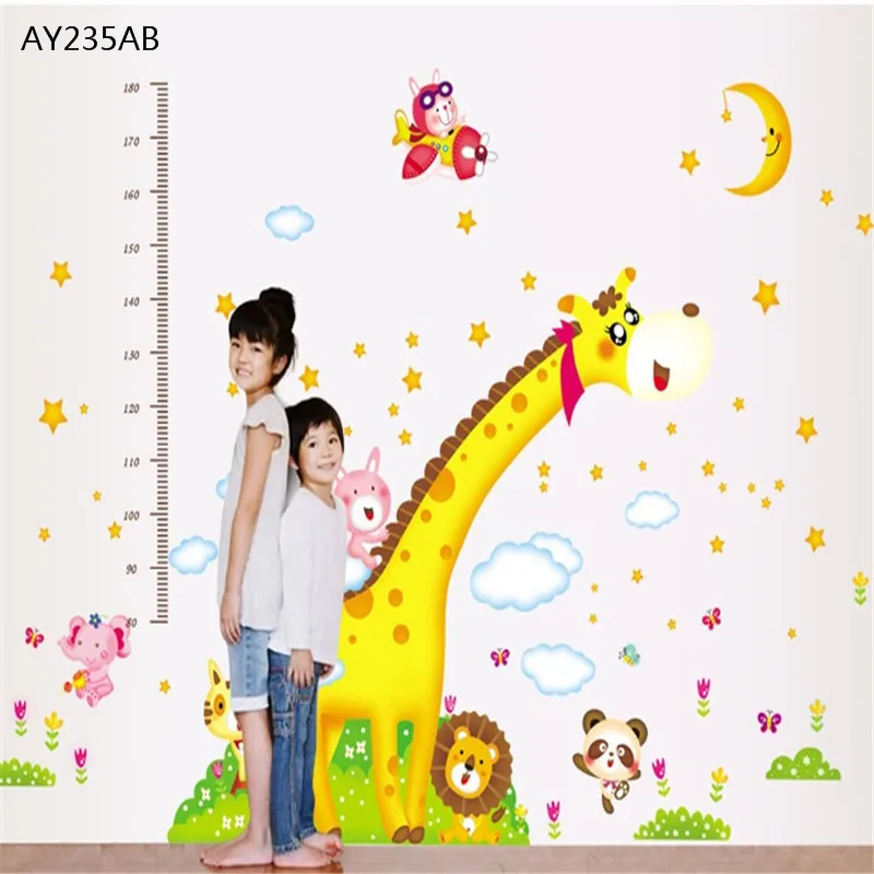 Мультяшный жираф измеряющий высоту настенный стикер для детской комнаты ПВХ