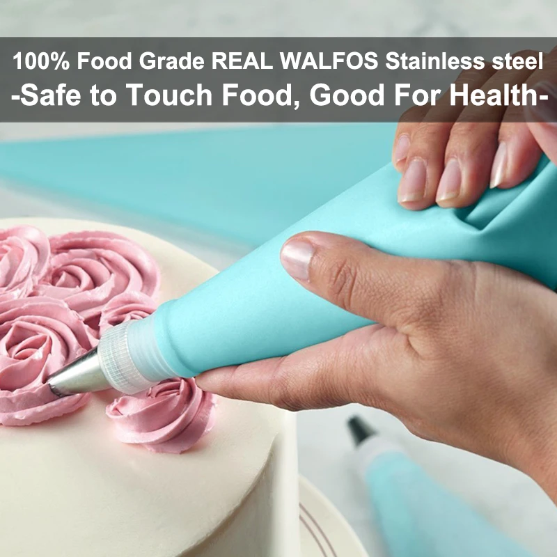 WALFOS 14Pcs/Set Russian Icing Piping Tips Silicone Icing Piping Cream Pastry Bag Stainless Steel Nozzle Set DIY Cake Decorating
