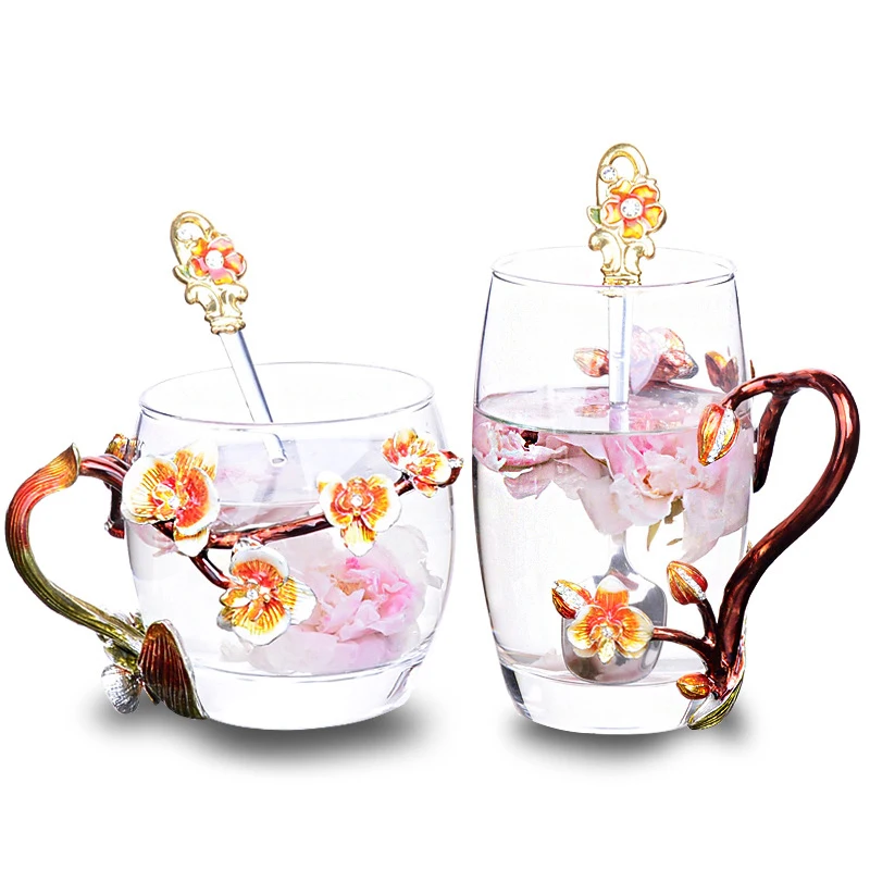 

Peach Blossom and Rhinestones Decorated Enamel Color Crystal Glass Coffee Tea Cup High Quality Milk Juice Mug Mother's Gift F3