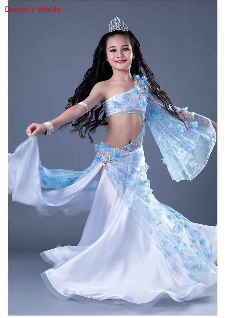 

White lace Luxury Belly Dance bra + skirt Set 2pcs For Kids / Children / Girls Sexy Handmade Belly Dancing Long Skirt
