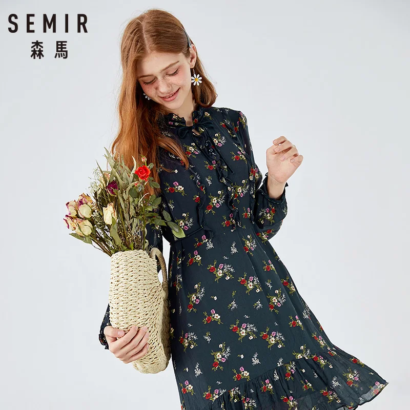 Женское платье SEMIR, Осеннее, новое, милое, Ретро стиль, с деревянными ушками, цветочное, приталенное, с длинным рукавом, феи, модное, сексуальное, вечерние