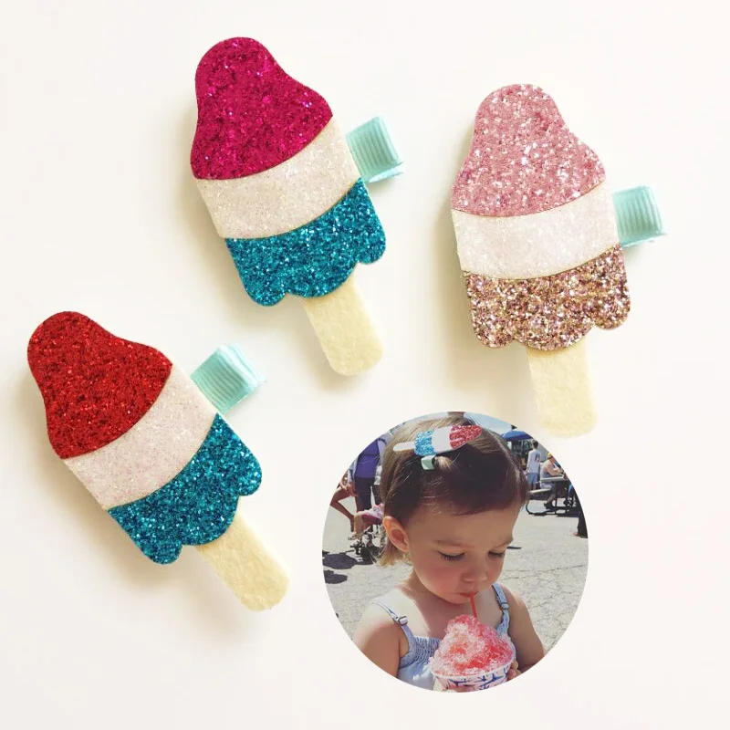 

New Glitter Felt PU Leather Barrettes 20pcs/lot Synthetic Leather Hair Clips Girls Hotsale Felt Icecream Hairpins Hair Barrettes