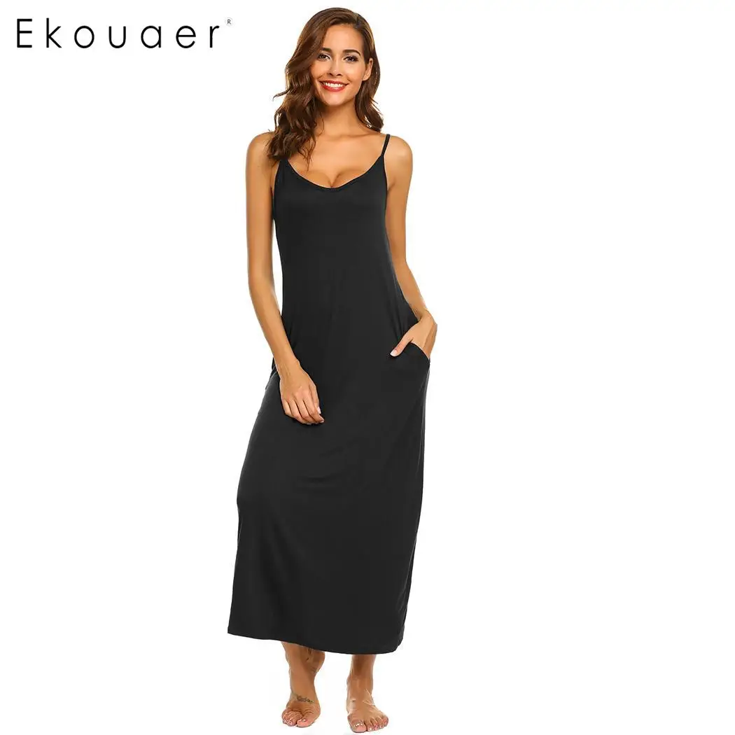 Ekouaer/женская ночная рубашка, сексуальная ночная рубашка, регулируемые бретельки, однотонное Ночное платье, женское длинное платье для сна, домашняя одежда, Ночнушки