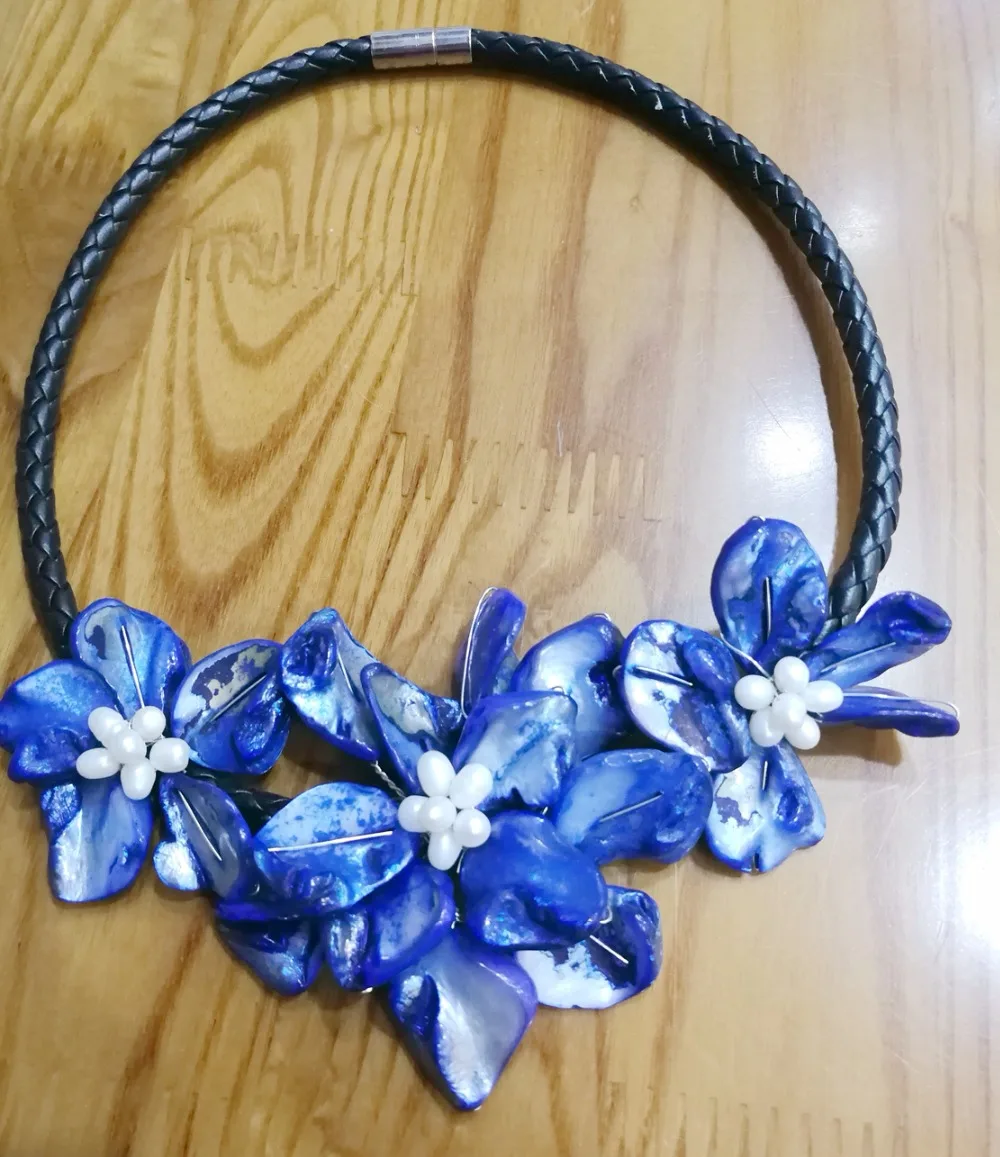 

Women Jewelry 3 blue flowers Pendant white freshwater pearl handmade shell necklace black Leather rope 45cm 18''