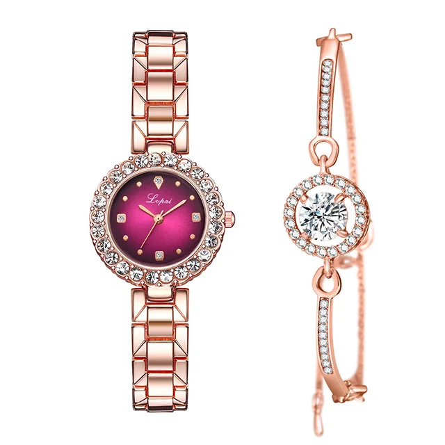 rose red bracelet Роскошные Алмазные зеленые часы женские часы со стразами браслет набор женские ювелирные изделия Модные розовое золото Звездные кварцевые часы для леди подарок - Цвет: rose red bracelet