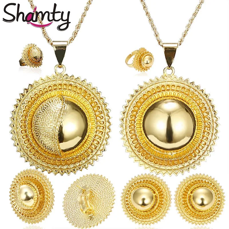 Shamty Big Size/Ethiopian bridal Jewelry Earring/Necklace/Ring Gold Color  African gold sets/Nigeria/Sudan/Eritrea/Kenya/Wedding