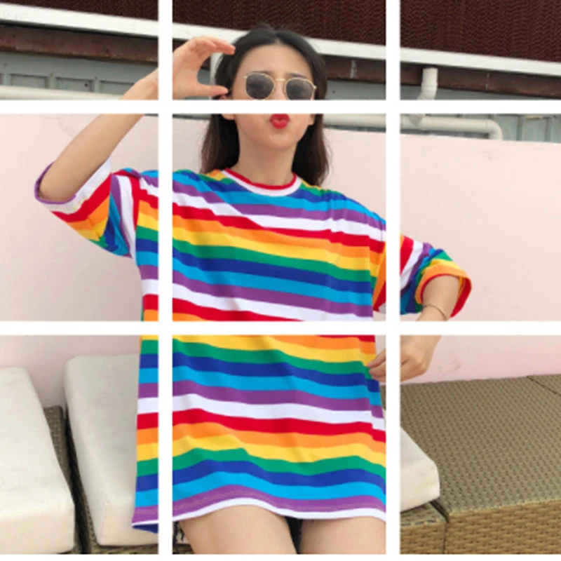 Женская футболка с круглым вырезом летняя повседневная радужным полосатым