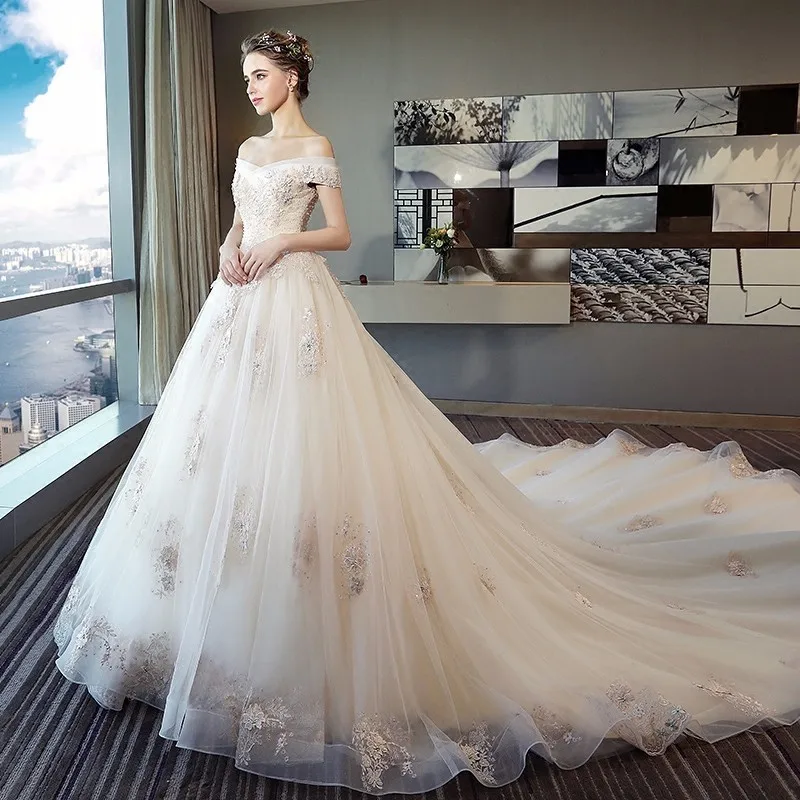 Слоновая кость Robe De Mariee размера плюс винтажное кружевное свадебное платье цвета шампанского с рукавами-крылышками и жемчужинами роскошное свадебное платье - Цвет: Слоновая кость