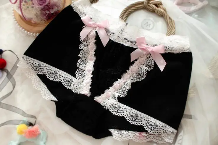 Black with Pink Ribb Реальные фотографии размера плюс 3L 5L 7L Kawaii милые Лолита Принцесса хлопок кружева трусы нижнее белье стринги белье WP508 - Цвет: Black with Pink Ribb