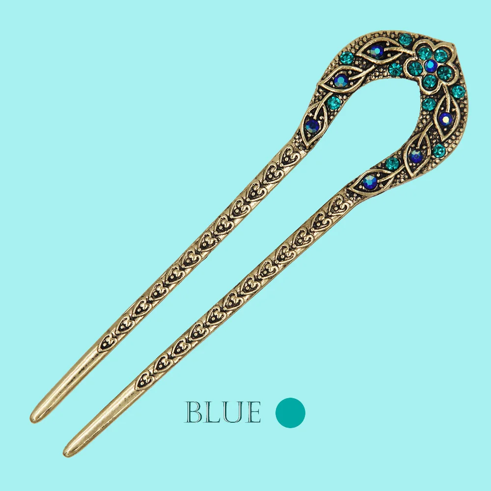 blue Античные палочки для волос с сердечками, рельефы, цветочный дизайн, листья, хрустальные стразы, китайский стиль, шпилька, модное ювелирное изделие для женщин - Окраска металла: blue